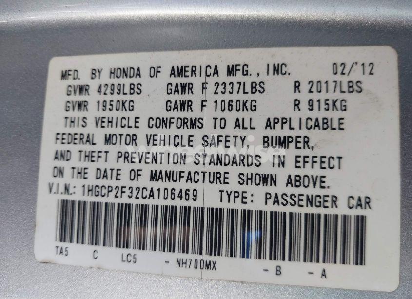 Photo 9 of 2012 Honda Accord 2.4 LX (VIN 1HGCP2F32CA106469)