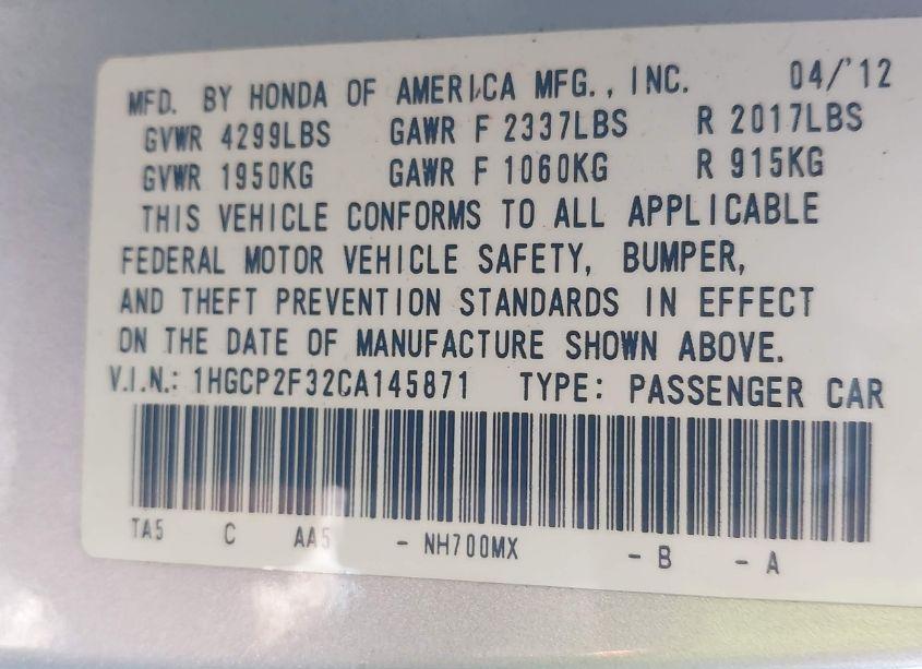 Photo 9 of 2012 Honda Accord 2.4 LX (VIN 1HGCP2F32CA145871)