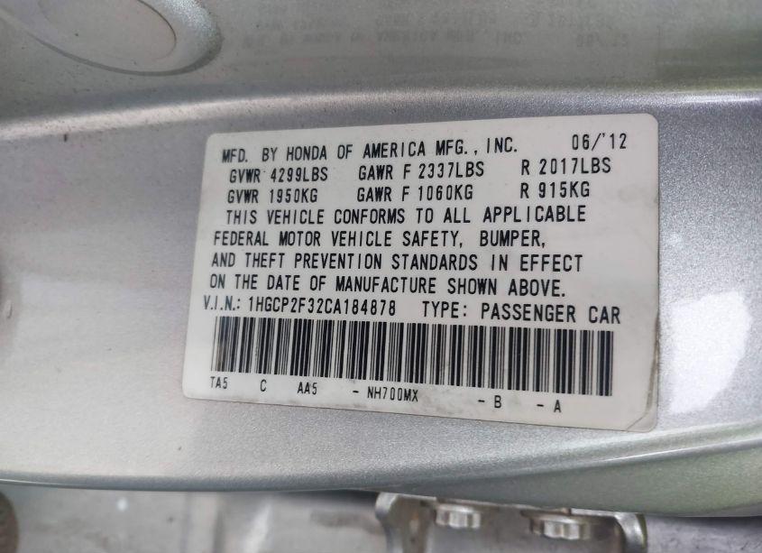 Photo 9 of 2012 Honda Accord 2.4 LX (VIN 1HGCP2F32CA184878)