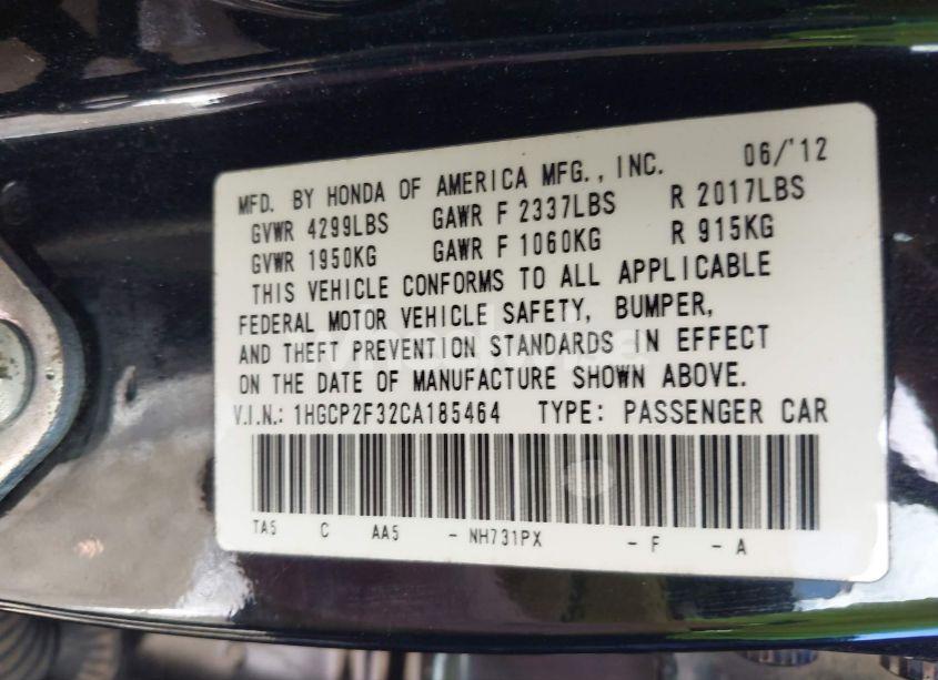 Photo 9 of 2012 Honda Accord 2.4 LX (VIN 1HGCP2F32CA185464)