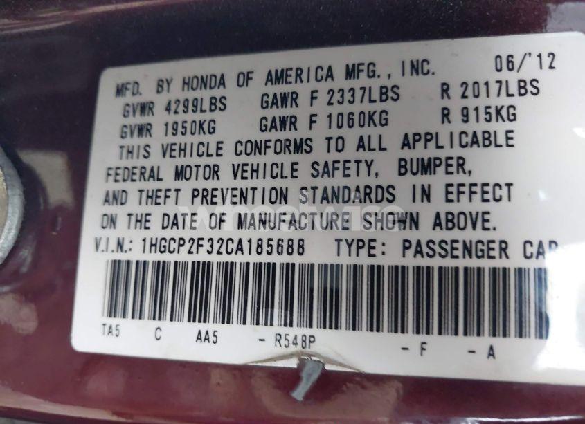 Photo 9 of 2012 Honda Accord 2.4 LX (VIN 1HGCP2F32CA185688)