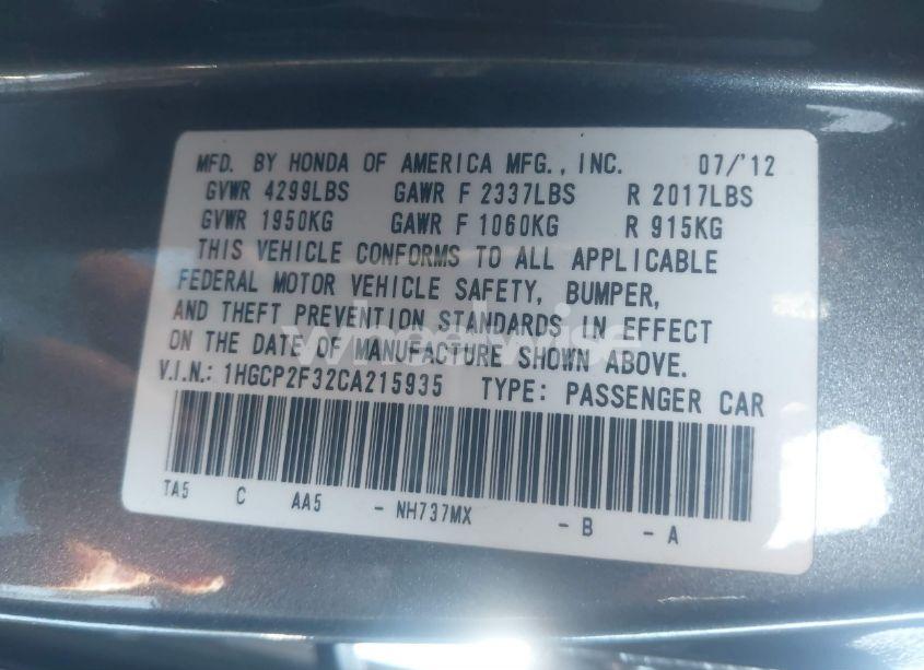 Photo 9 of 2012 Honda Accord 2.4 LX (VIN 1HGCP2F32CA215935)