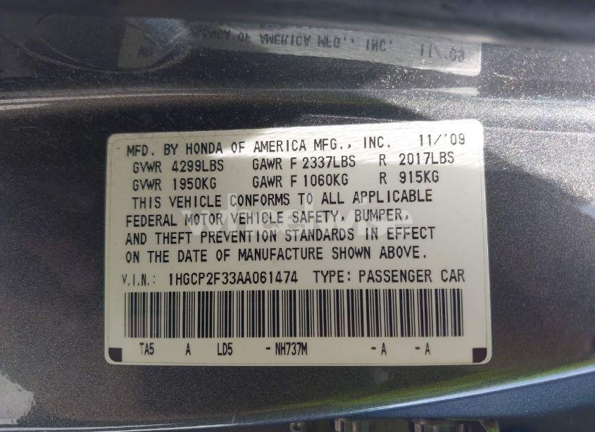 Photo 9 of 2010 Honda Accord 2.4 LX (VIN 1HGCP2F33AA061474)