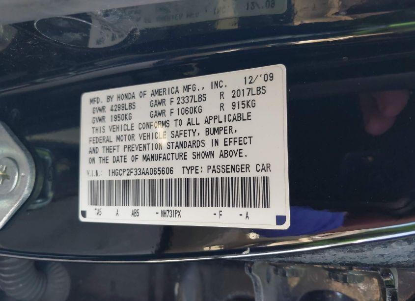 Photo 9 of 2010 Honda Accord 2.4 LX (VIN 1HGCP2F33AA065606)