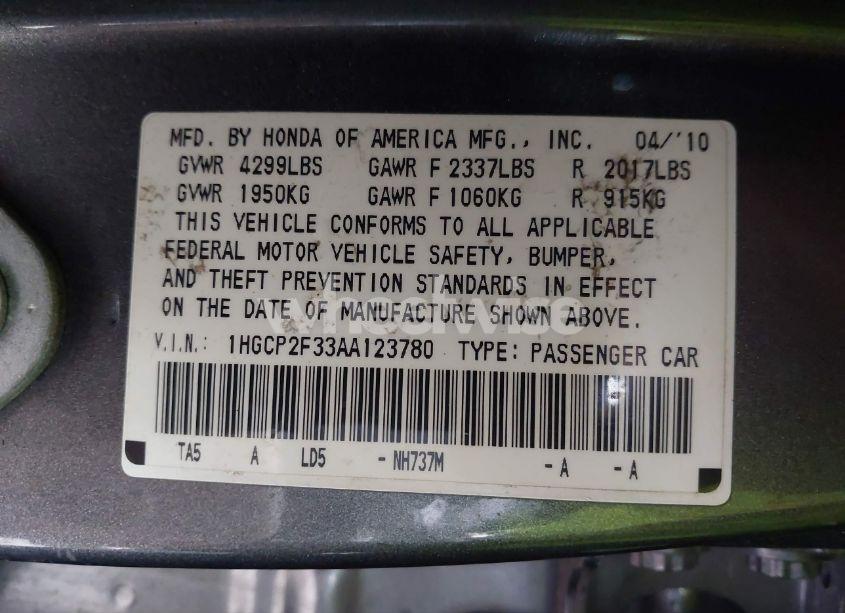 Photo 9 of 2010 Honda Accord 2.4 LX (VIN 1HGCP2F33AA123780)