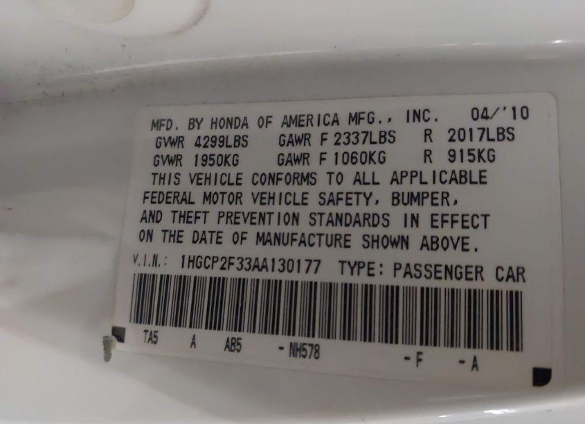 Photo 9 of 2010 Honda Accord 2.4 LX (VIN 1HGCP2F33AA130177)
