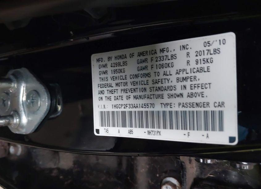 Photo 9 of 2010 Honda Accord 2.4 LX (VIN 1HGCP2F33AA145570)