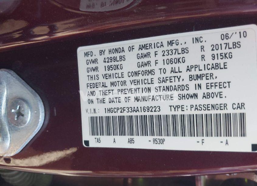 Photo 9 of 2010 Honda Accord 2.4 LX (VIN 1HGCP2F33AA169223)