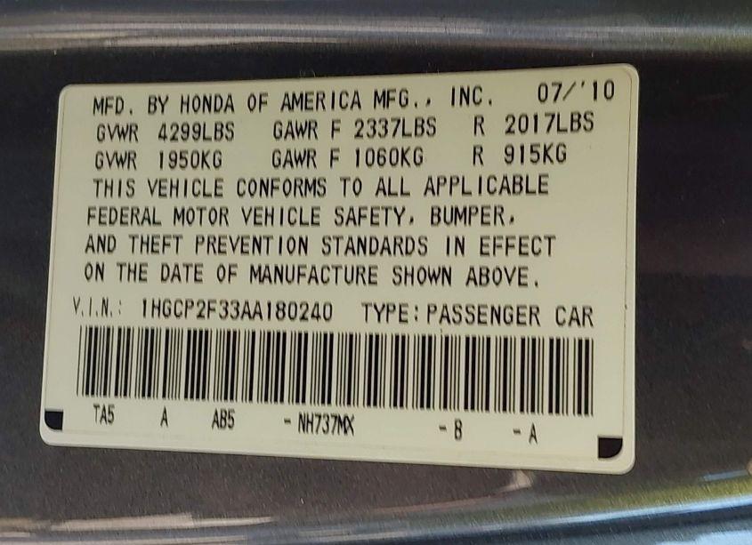 Photo 9 of 2010 Honda Accord 2.4 LX (VIN 1HGCP2F33AA180240)