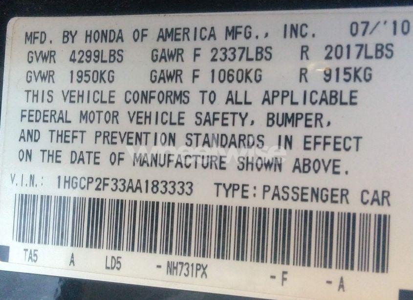 Photo 9 of 2010 Honda Accord 2.4 LX (VIN 1HGCP2F33AA183333)