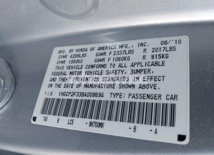 Photo 9 of 2011 Honda Accord 2.4 LX (VIN 1HGCP2F33BA008694)