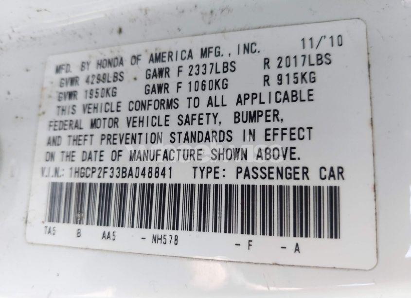 Photo 9 of 2011 Honda Accord 2.4 LX (VIN 1HGCP2F33BA048841)