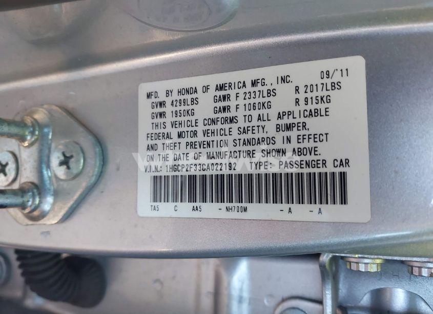 Photo 9 of 2012 Honda Accord 2.4 LX (VIN 1HGCP2F33CA022192)