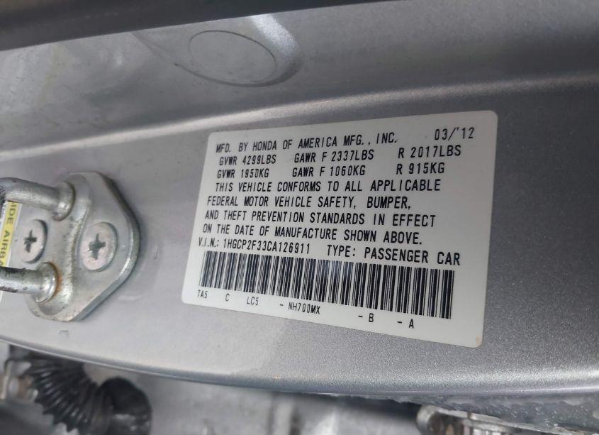 Photo 9 of 2012 Honda Accord 2.4 LX (VIN 1HGCP2F33CA126911)