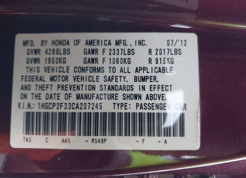 Photo 9 of 2012 Honda Accord 2.4 LX (VIN 1HGCP2F33CA207245)