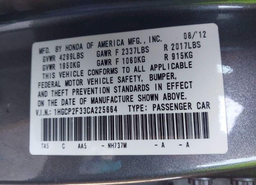 Photo 9 of 2012 Honda Accord 2.4 LX (VIN 1HGCP2F33CA225664)