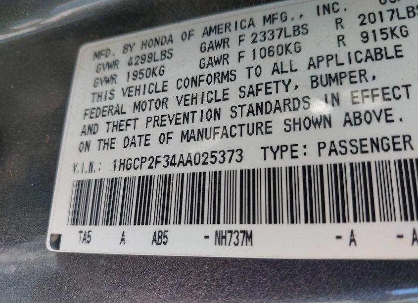 Photo 9 of 2010 Honda Accord 2.4 LX (VIN 1HGCP2F34AA025373)