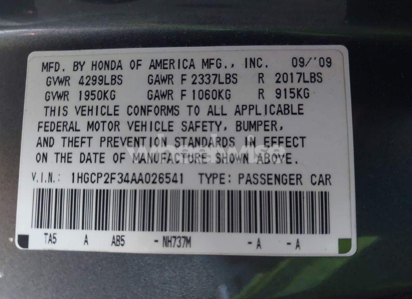 Photo 9 of 2010 Honda Accord 2.4 LX (VIN 1HGCP2F34AA026541)