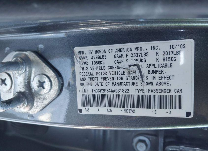 Photo 9 of 2010 Honda Accord 2.4 LX (VIN 1HGCP2F34AA031822)