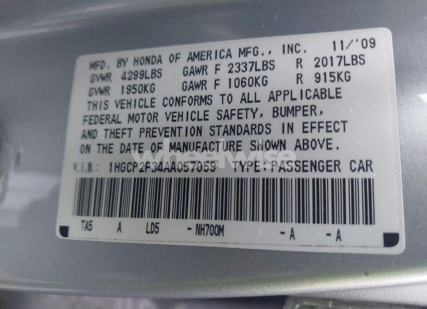 Photo 9 of 2010 Honda Accord 2.4 LX (VIN 1HGCP2F34AA057059)