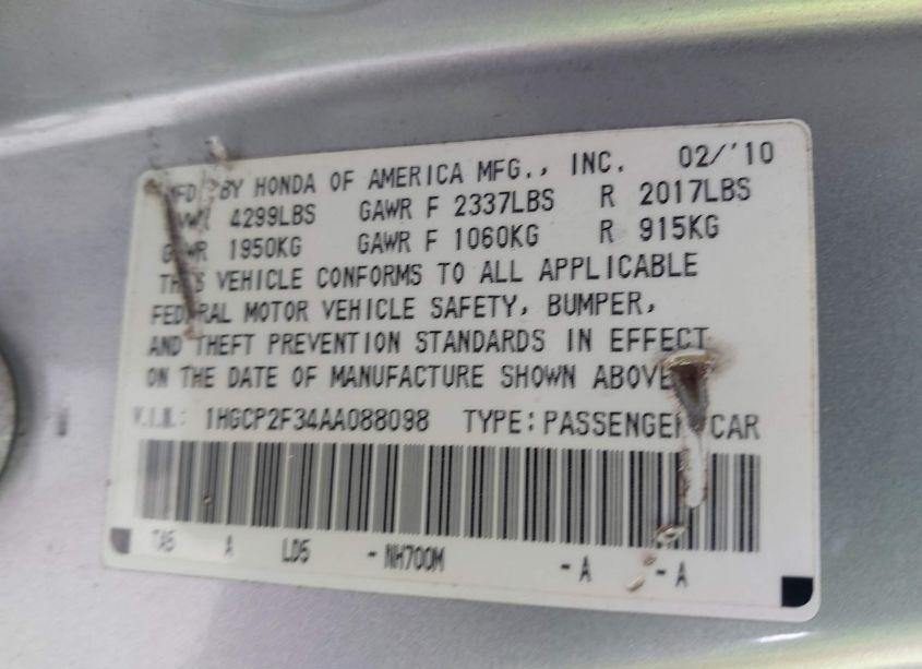 Photo 9 of 2010 Honda Accord 2.4 LX (VIN 1HGCP2F34AA088098)