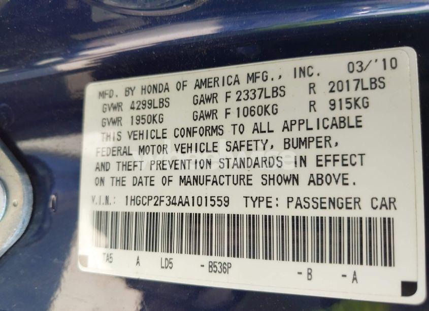 Photo 9 of 2010 Honda Accord LX (VIN 1HGCP2F34AA101559)