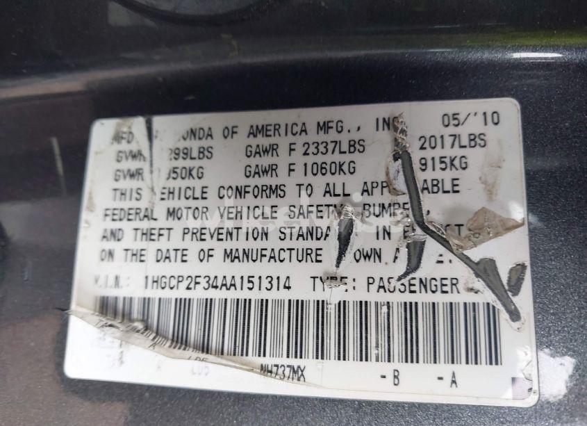 Photo 9 of 2010 Honda Accord 2.4 LX (VIN 1HGCP2F34AA151314)