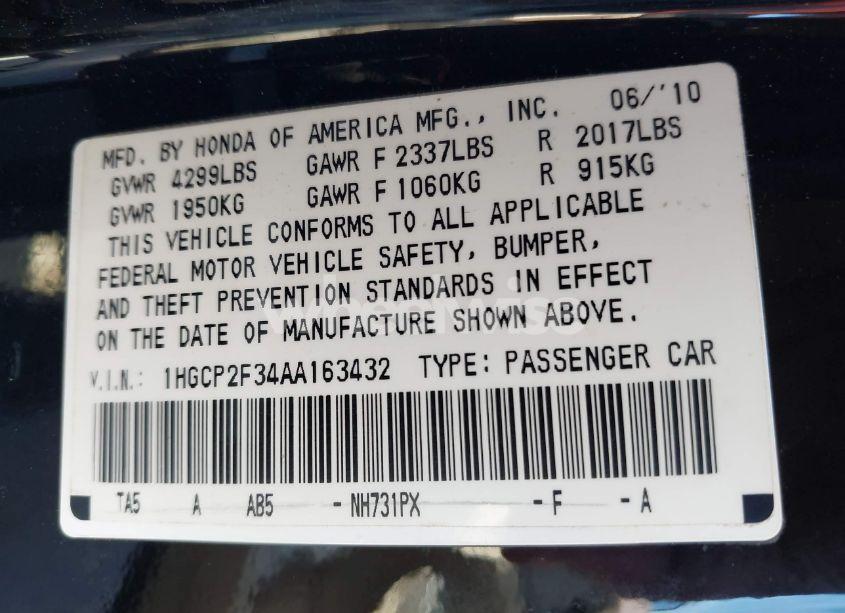 Photo 9 of 2010 Honda Accord 2.4 LX (VIN 1HGCP2F34AA163432)