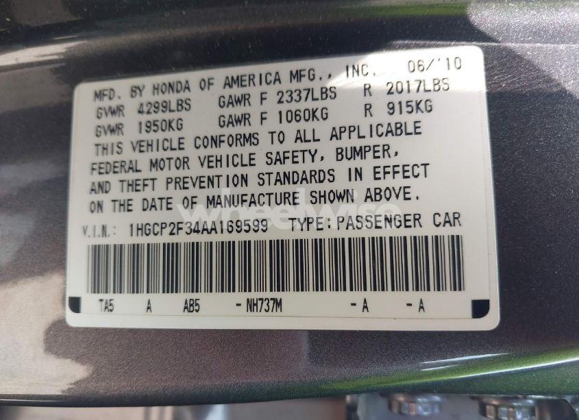 Photo 9 of 2010 Honda Accord 2.4 LX (VIN 1HGCP2F34AA169599)