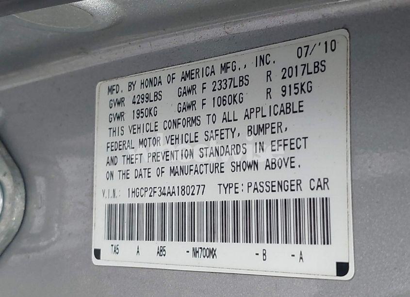 Photo 9 of 2010 Honda Accord 2.4 LX (VIN 1HGCP2F34AA180277)
