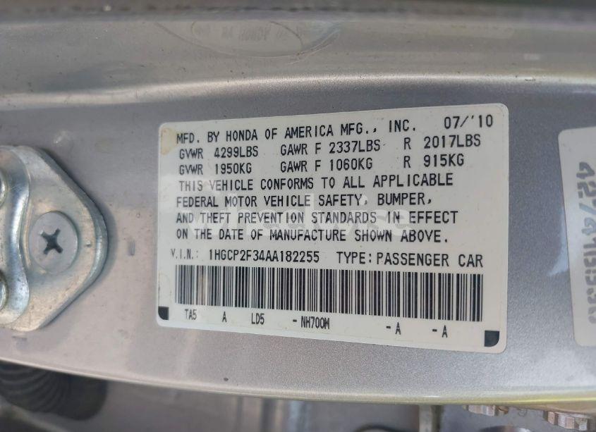 Photo 9 of 2010 Honda Accord 2.4 LX (VIN 1HGCP2F34AA182255)