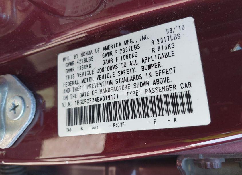 Photo 9 of 2011 Honda Accord 2.4 LX (VIN 1HGCP2F34BA019171)