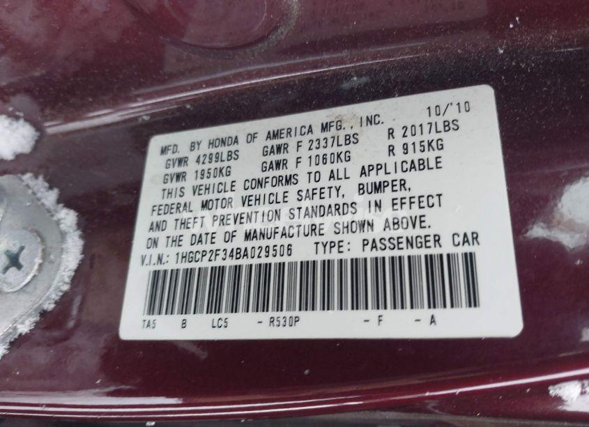 Photo 9 of 2011 Honda Accord 2.4 LX (VIN 1HGCP2F34BA029506)