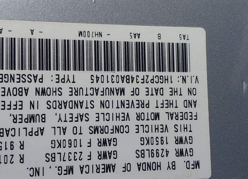 Photo 9 of 2011 Honda Accord 2.4 LX (VIN 1HGCP2F34BA031045)