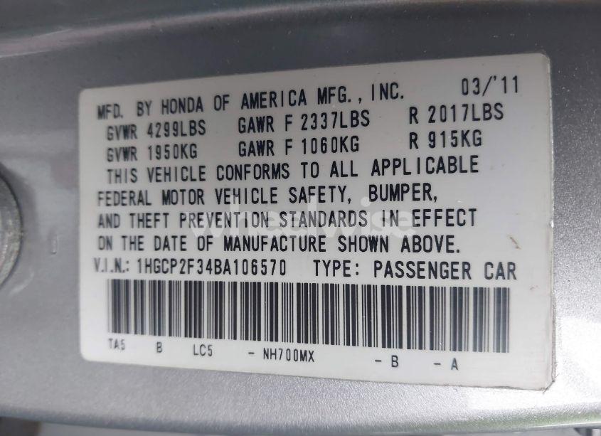 Photo 9 of 2011 Honda Accord 2.4 LX (VIN 1HGCP2F34BA106570)