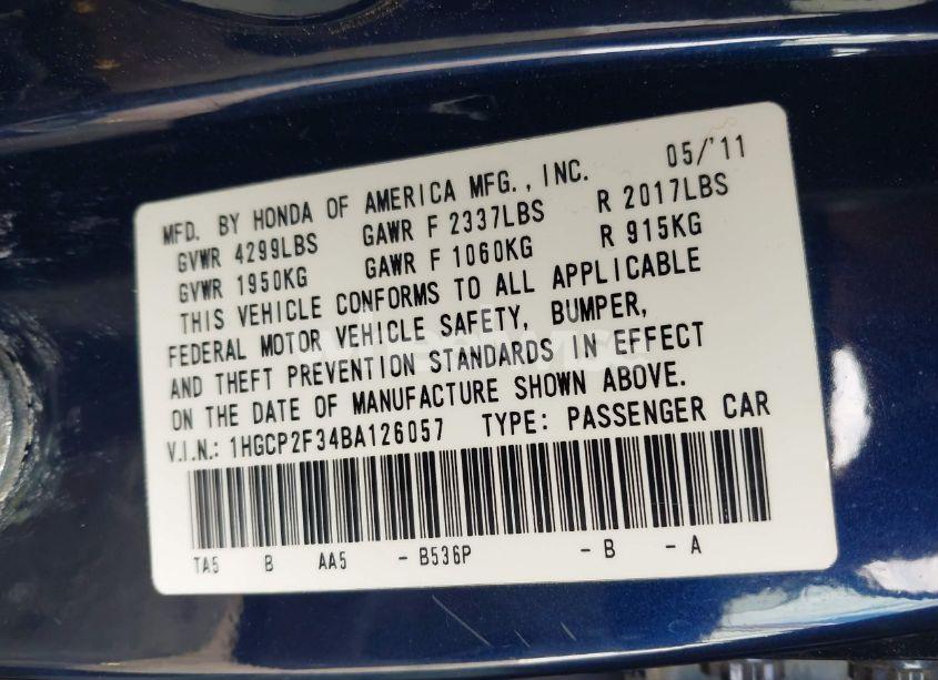 Photo 9 of 2011 Honda Accord 2.4 LX (VIN 1HGCP2F34BA126057)