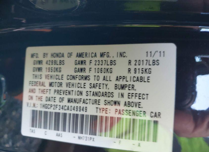 Photo 9 of 2012 Honda Accord 2.4 LX (VIN 1HGCP2F34CA049949)