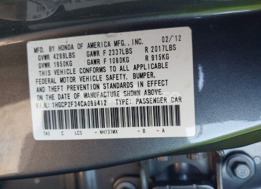 Photo 9 of 2012 Honda Accord 2.4 LX (VIN 1HGCP2F34CA095412)