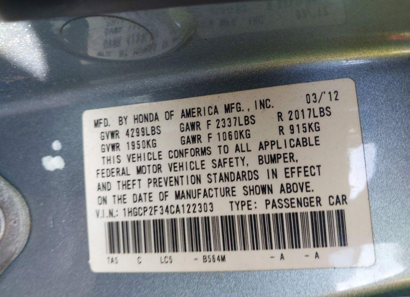 Photo 9 of 2012 Honda Accord 2.4 LX (VIN 1HGCP2F34CA122303)