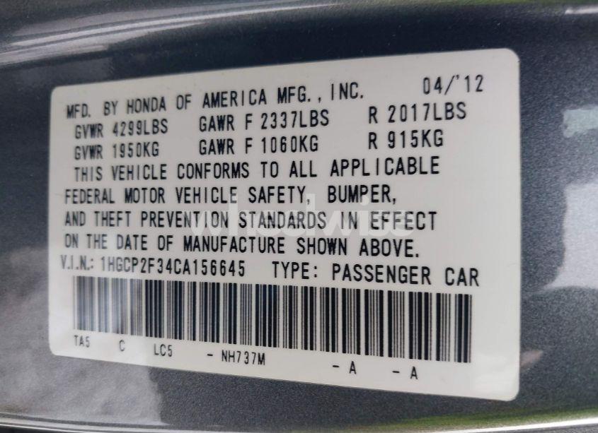 Photo 9 of 2012 Honda Accord 2.4 LX (VIN 1HGCP2F34CA156645)