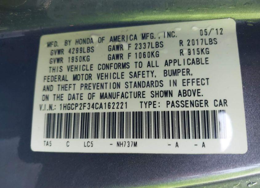 Photo 9 of 2012 Honda Accord 2.4 LX (VIN 1HGCP2F34CA162221)