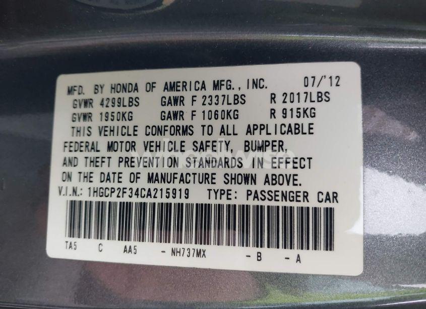 Photo 9 of 2012 Honda Accord 2.4 LX (VIN 1HGCP2F34CA215919)