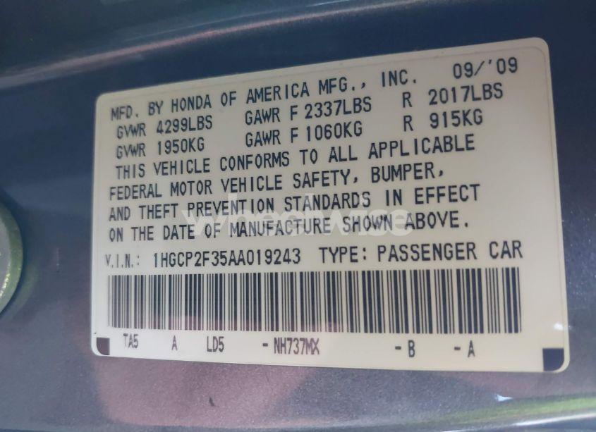 Photo 9 of 2010 Honda Accord 2.4 LX (VIN 1HGCP2F35AA019243)