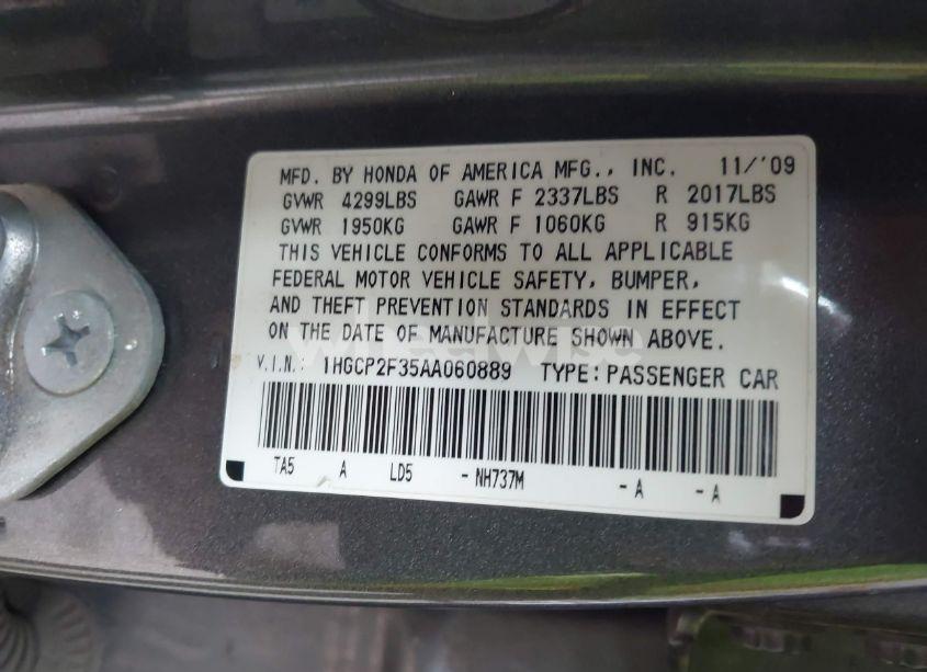 Photo 9 of 2010 Honda Accord 2.4 LX (VIN 1HGCP2F35AA060889)