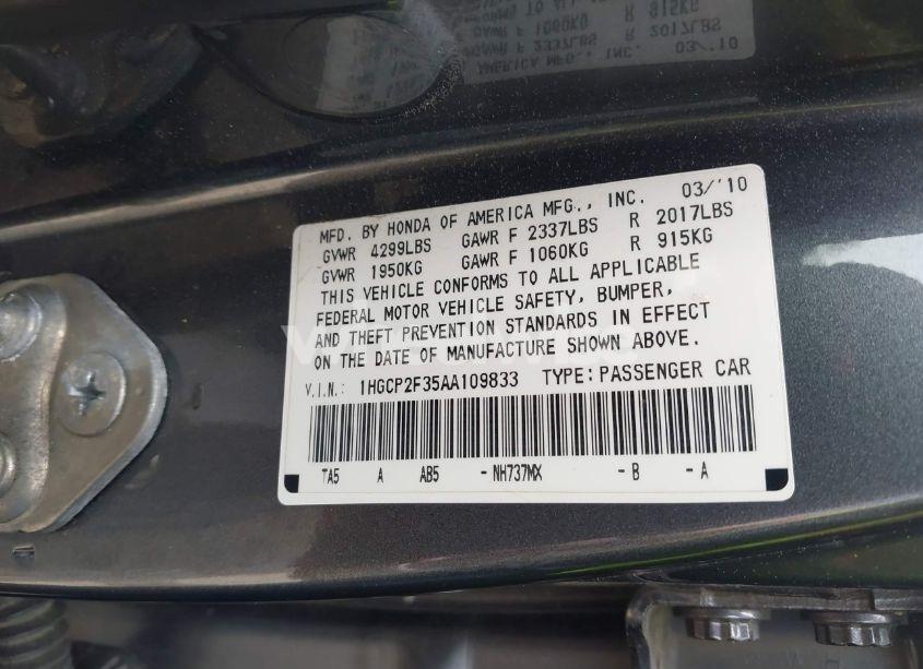 Photo 9 of 2010 Honda Accord 2.4 LX (VIN 1HGCP2F35AA109833)