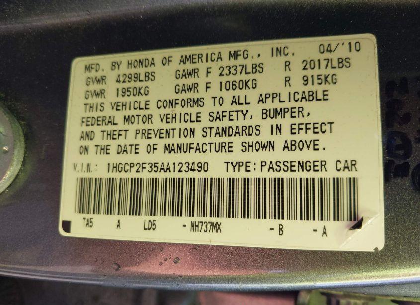 Photo 9 of 2010 Honda Accord 2.4 LX (VIN 1HGCP2F35AA123490)