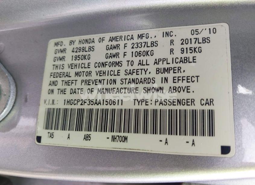 Photo 9 of 2010 Honda Accord 2.4 LX (VIN 1HGCP2F35AA150611)