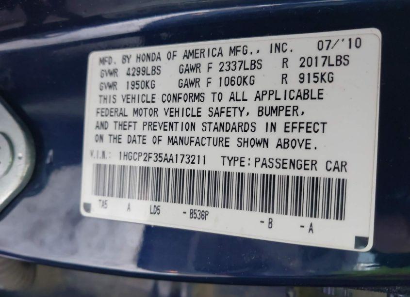 Photo 9 of 2010 Honda Accord 2.4 LX (VIN 1HGCP2F35AA173211)