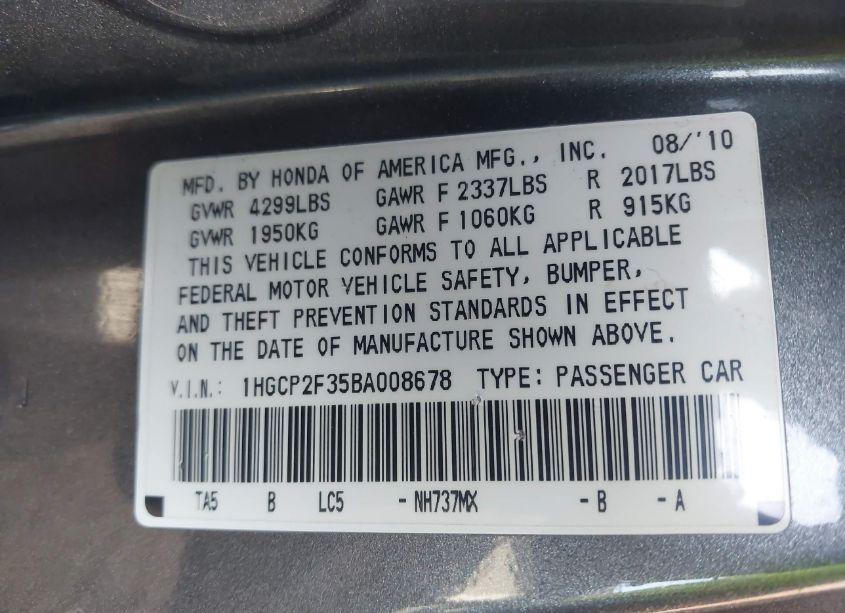 Photo 9 of 2011 Honda Accord 2.4 LX (VIN 1HGCP2F35BA008678)