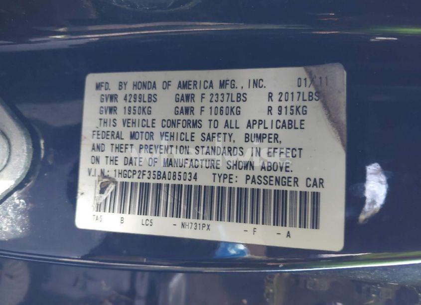 Photo 9 of 2011 Honda Accord 2.4 LX (VIN 1HGCP2F35BA085034)